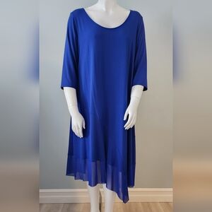 [2X] EILEEN FISHER 3/4 Sleeve Sheer Asymmetrical Hem Dress in Blue
